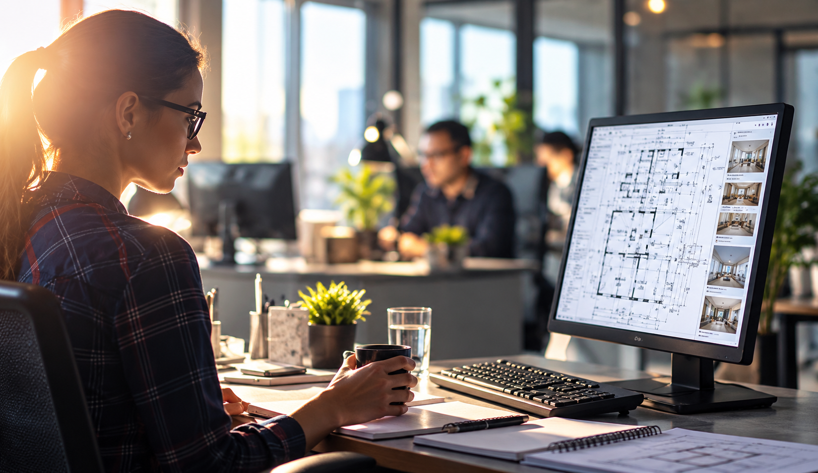 Designer reviewing a floor plan and property images at a computer in a collaborative workspace