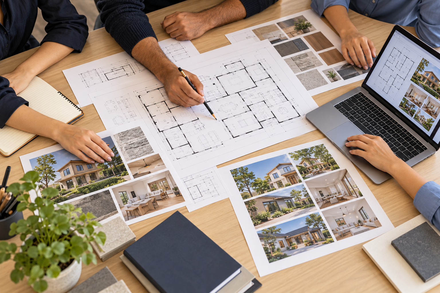 Hands reviewing floor plans and property photographs at a workspace